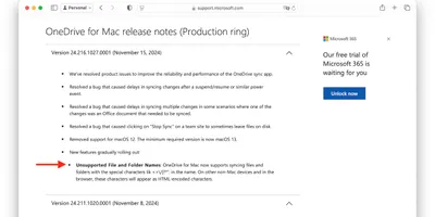 Microsoft、OneDrive for MacにMac以外のデバイスでサポートされていない特殊...